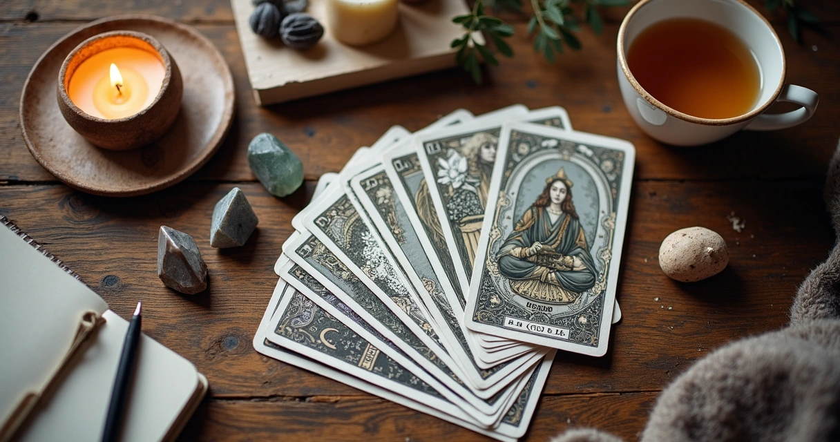 Cartas de tarot coloridas sobre mesa de madeira com objetos de autocuidado 