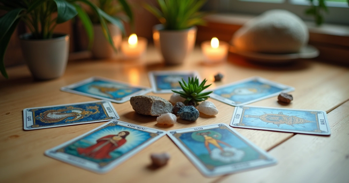 Cartas de tarot dispostas em círculo em mesa de madeira clara com cristais e plantas ao redor 