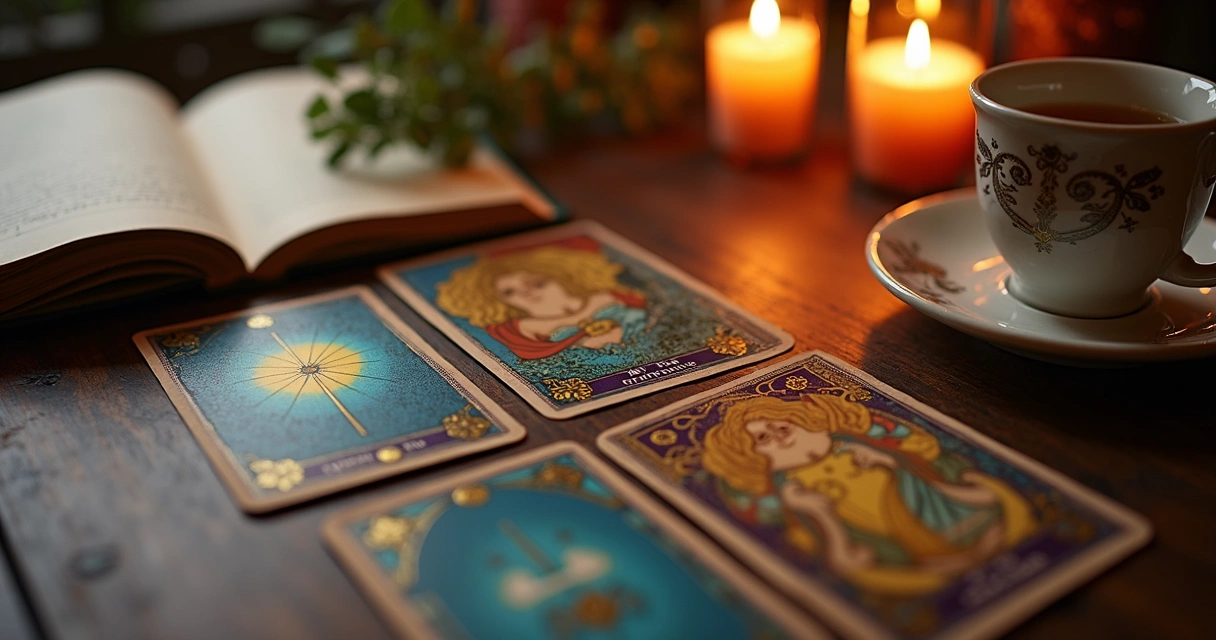 Cartas de tarot sobre uma mesa com velas e caderno aberto 