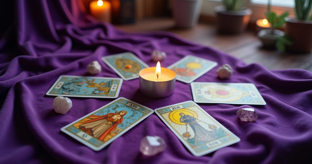 Cartas de tarot dispostas em círculo em fundo roxo com vela acesa ao centro 