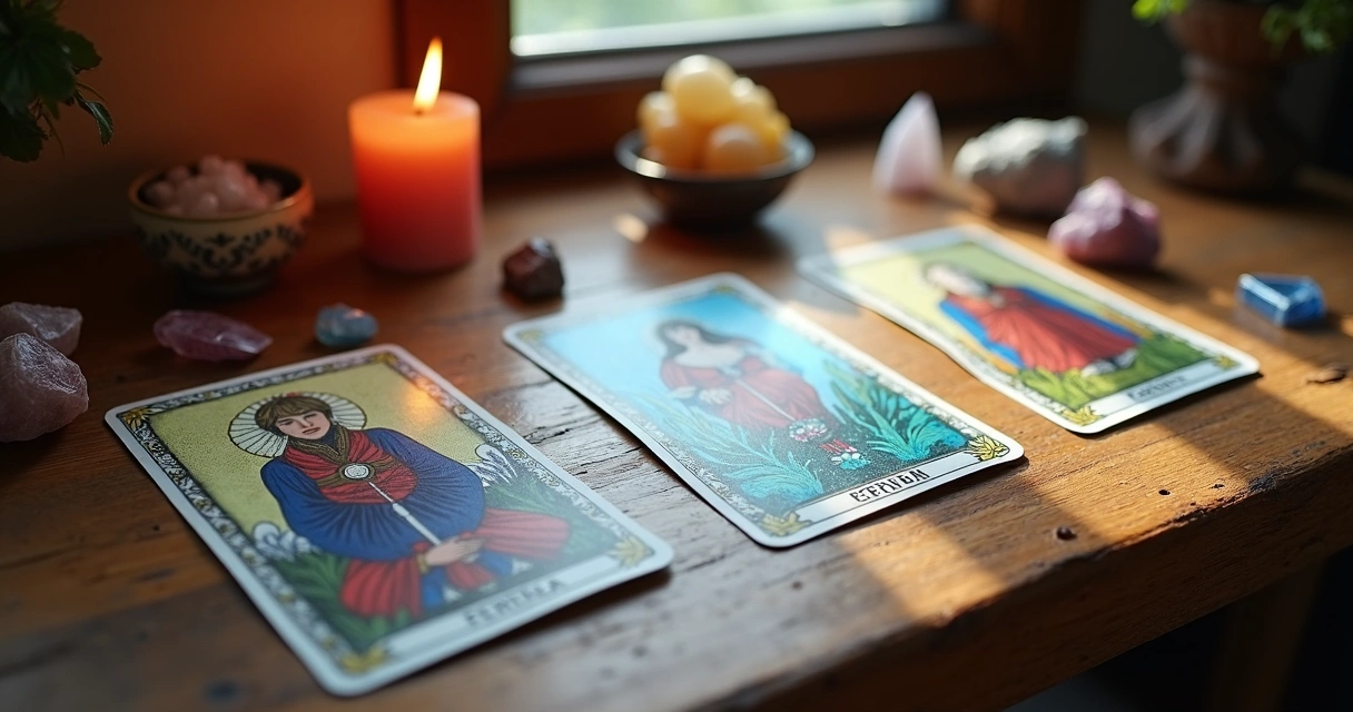 Baralho de tarot aberto com cartas coloridas sobre mesa de madeira 