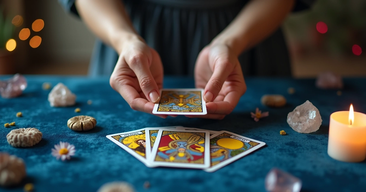 Cartas de tarot e cristais sobre mesa de veludo