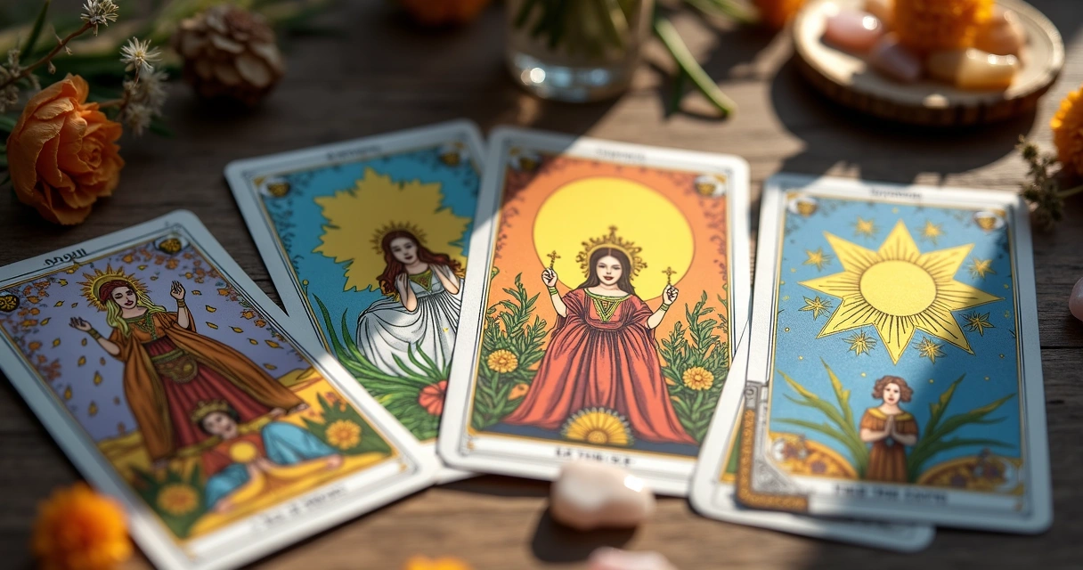 Cartas de tarot voltadas para autoestima feminina sobre mesa de madeira 