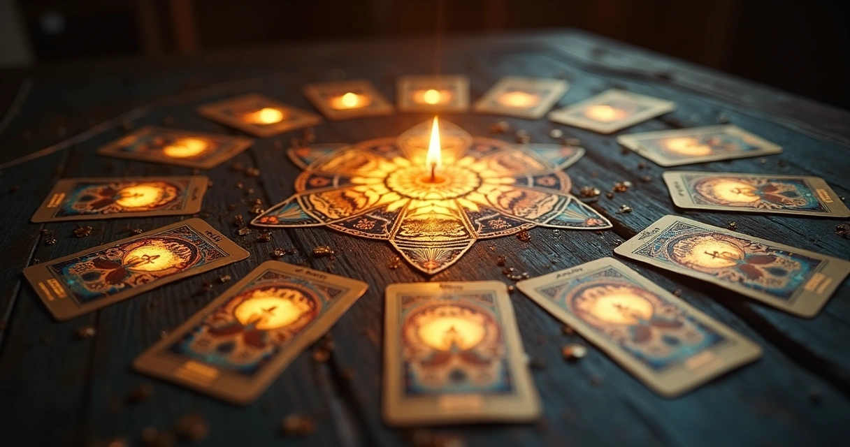 Cartas de tarot dispostas em círculo em uma mesa de madeira escura com luz dourada ao centro 