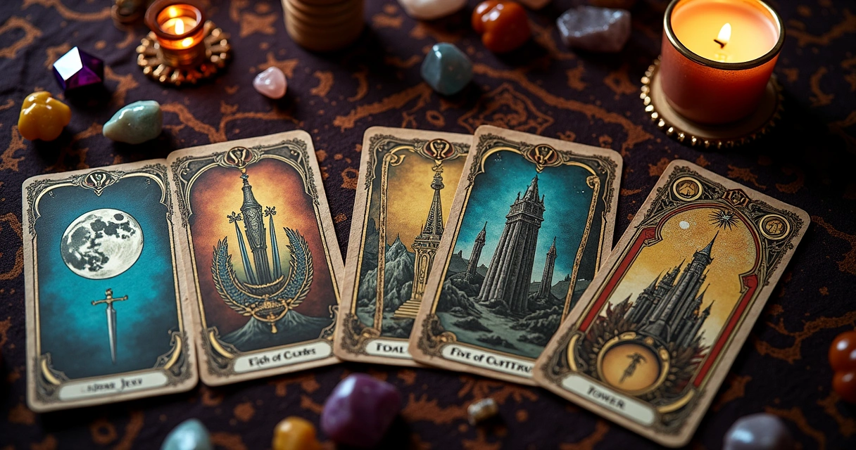 cartas de tarot que indicam autossabotagem, como a lua e oito de espadas 