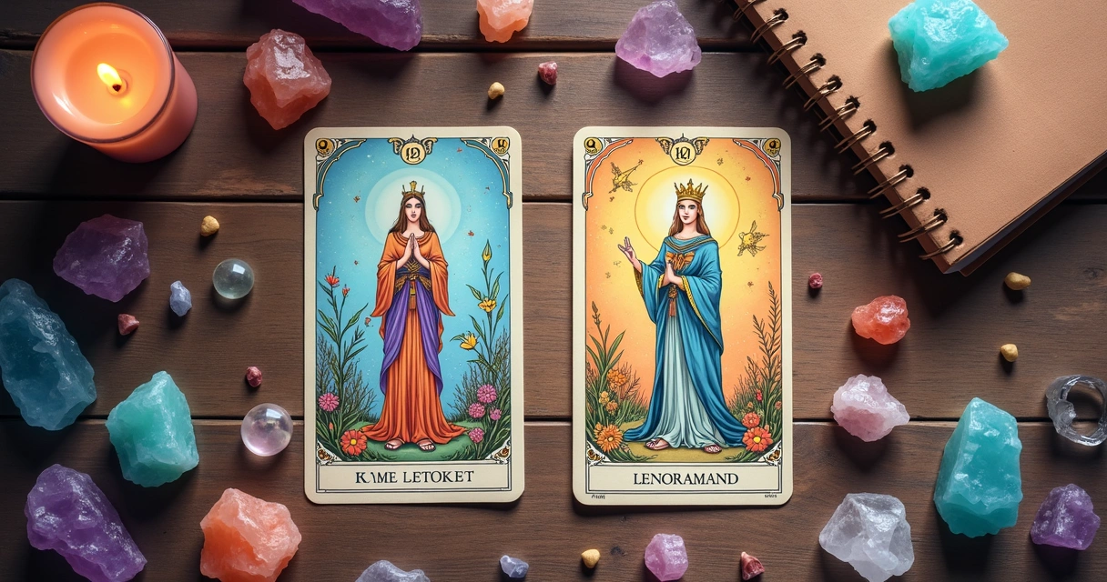 Cartas de tarot e baralho cigano lado a lado na mesa, com cristais e uma vela ao fundo 