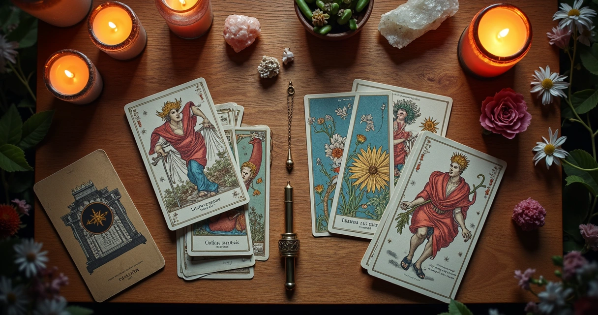 Cartas de tarot e baralho cigano em mesa espiritual 