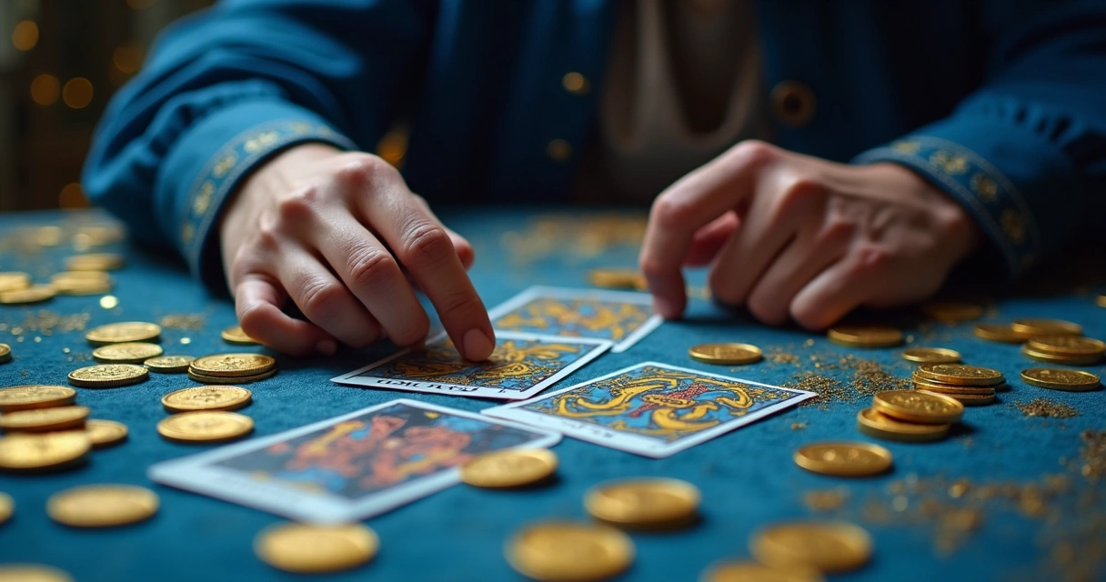 Cartas de tarot espalhadas com moedas douradas sobre fundo azul escuro 