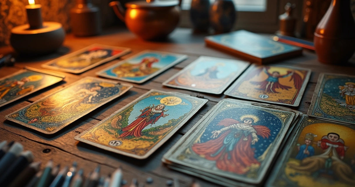 Cartas de tarot espalhadas com luz suave 