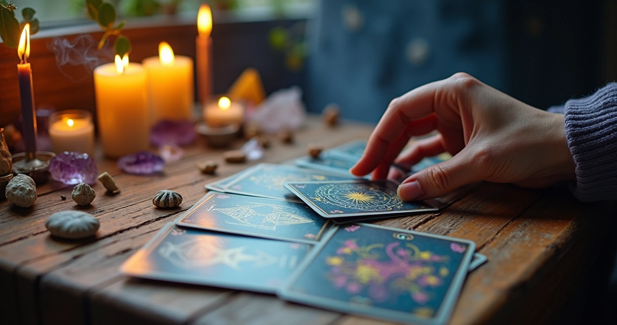 Cartas de tarot e conchas de búzios sobre altar de rituais