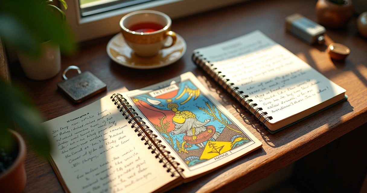 Cartas de tarot ao lado de caderno com anotações manuscritas 