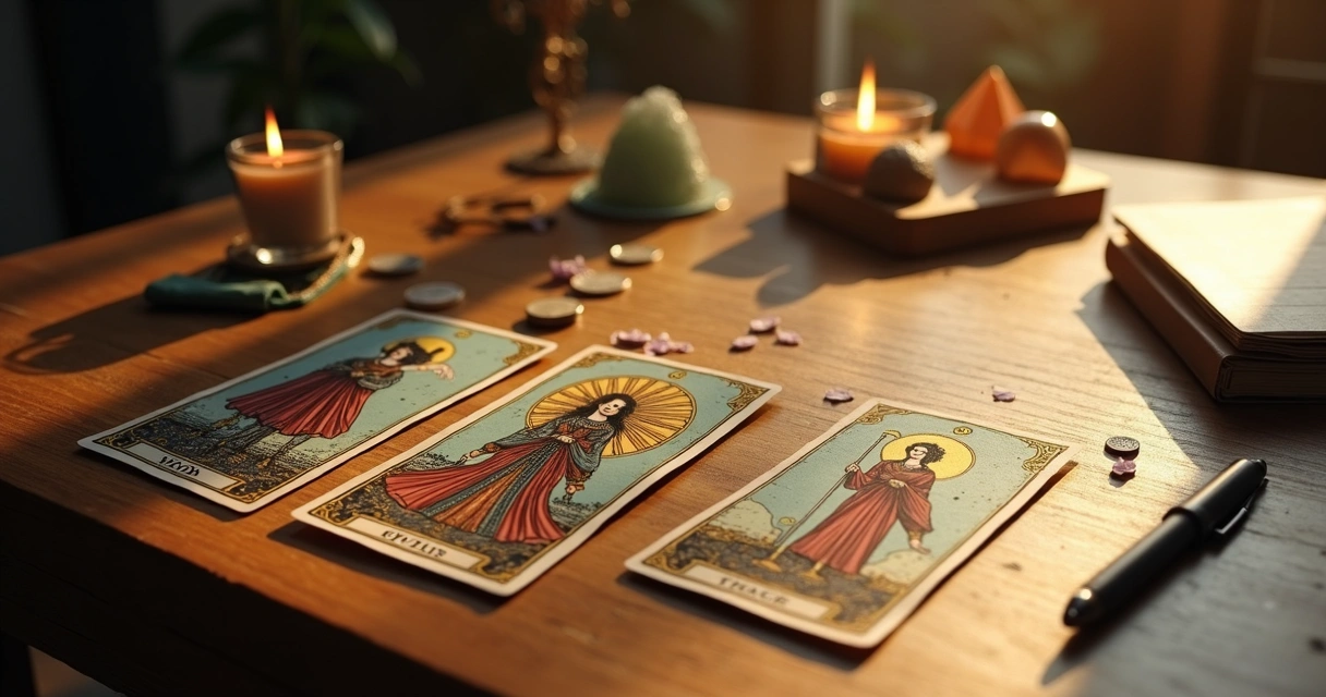 Cartas de tarô simbólicas da carreira sobre mesa iluminada 