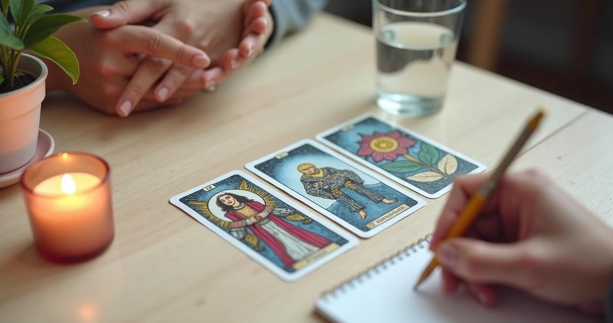Cartas de tarot dispostas em linha sobre mesa de madeira clara com anotações ao lado 