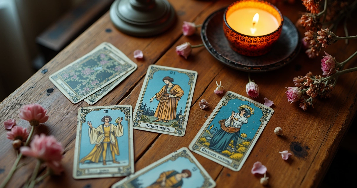 Cartas de tarot espalhadas sobre a mesa com o castiçal aceso 