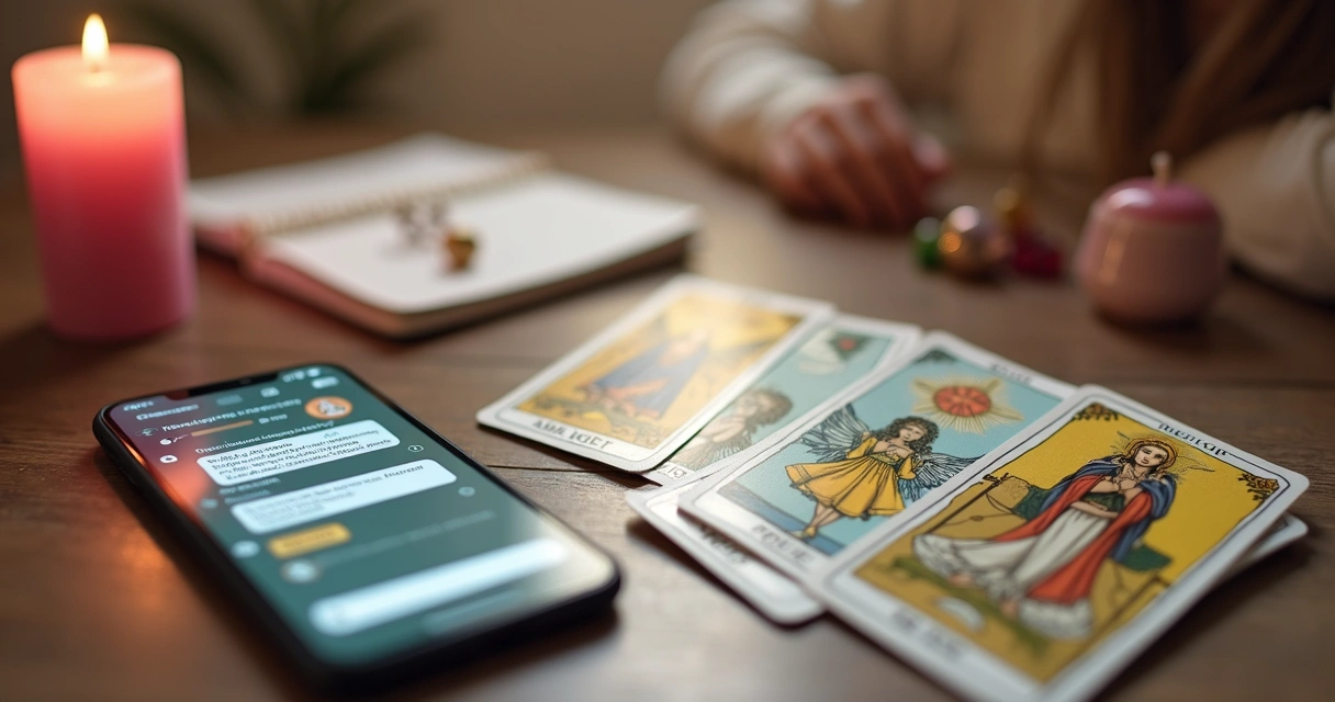 Cartas de tarot e celular sobre uma mesa 