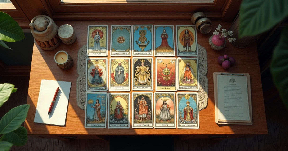 Cartas de tarot dispostas em mesa de trabalho ao lado de caderno e caneta 