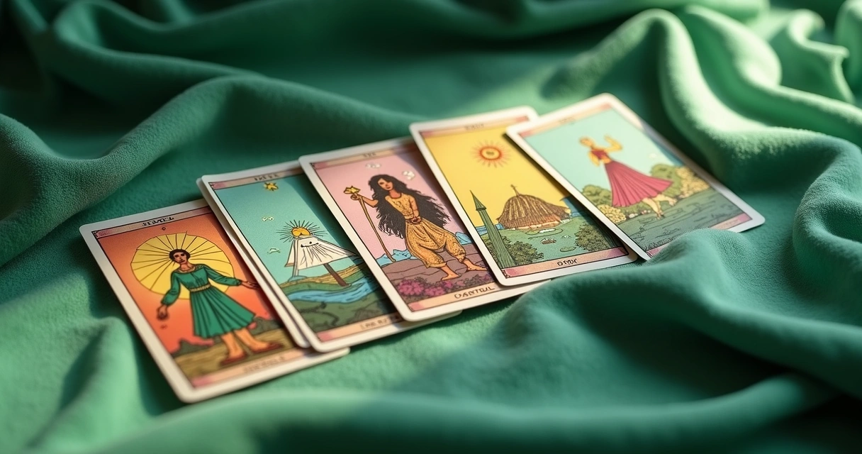 Cartas de Tarot sobre um tapete verde junto com cristais e uma vela acesa 