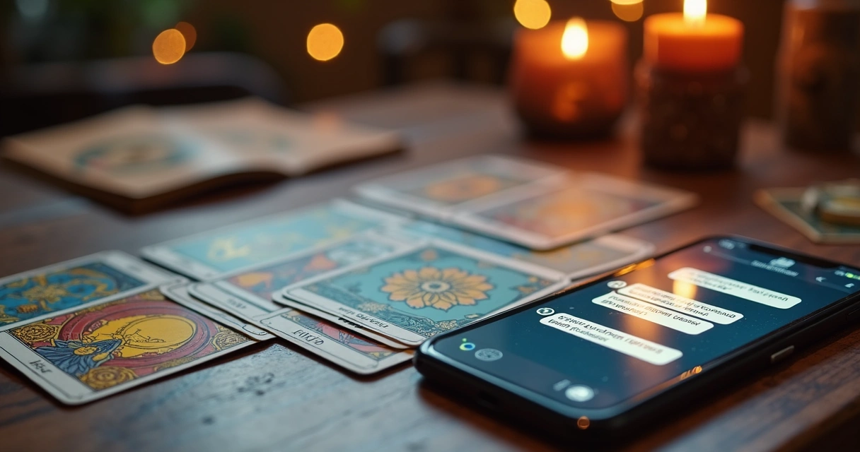 Tarot cards and smartphone on table with chat bubbles 