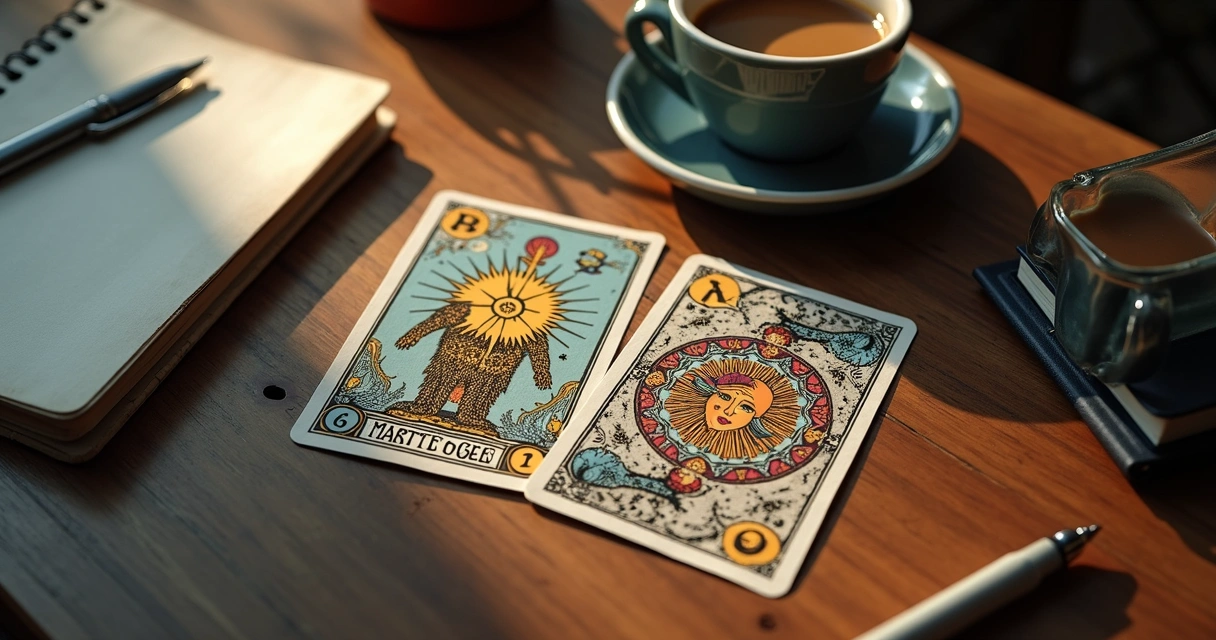Cartas de tarot cigano sobre uma mesa, com agenda e caneta ao lado 