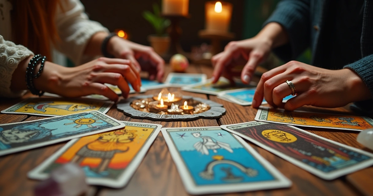 Cartas de tarot dispostas sobre uma mesa em semicírculo, com mãos femininas próximas 