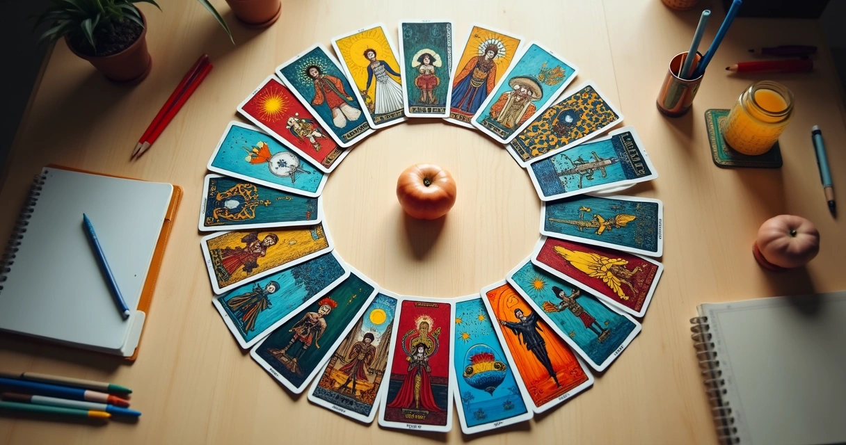 Cartas de tarot variadas dispostas em círculo sobre mesa clara com detalhes artísticos