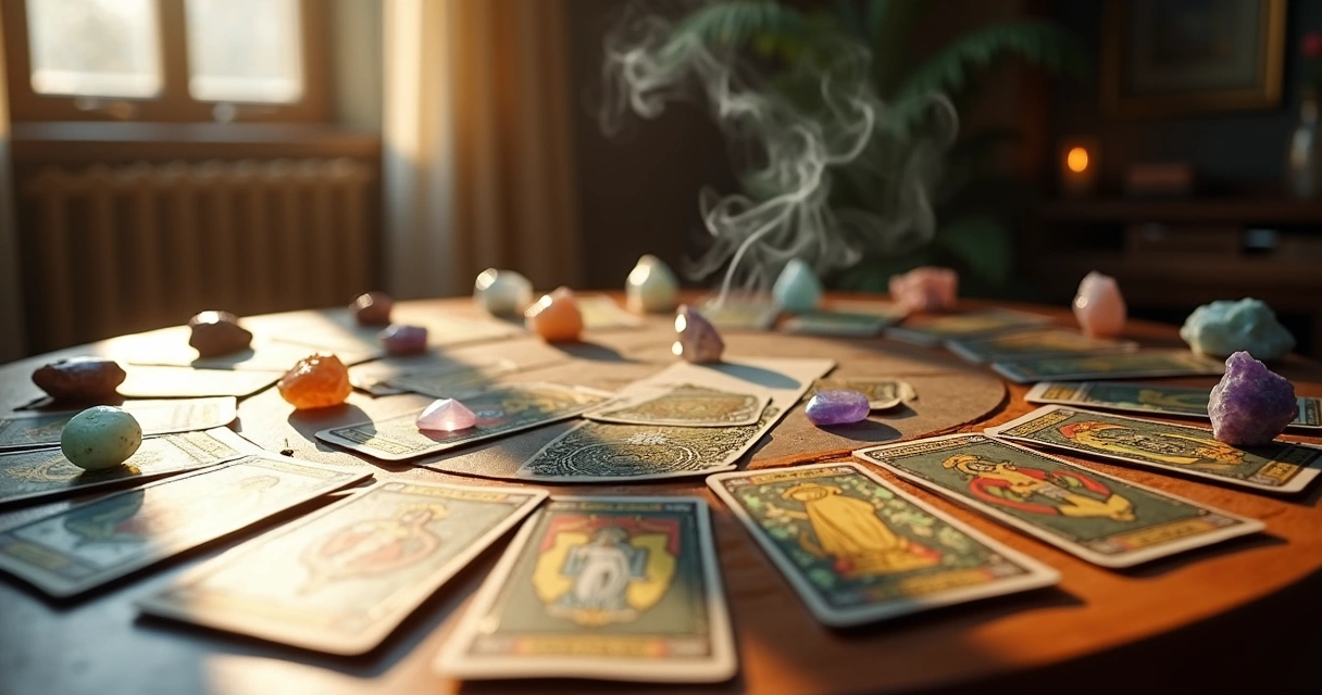 Cartas de tarot cercadas por cristais sobre um tecido claro 