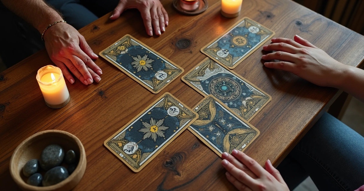 Cartas de tarot sobre a mesa em meio a objetos espirituais 