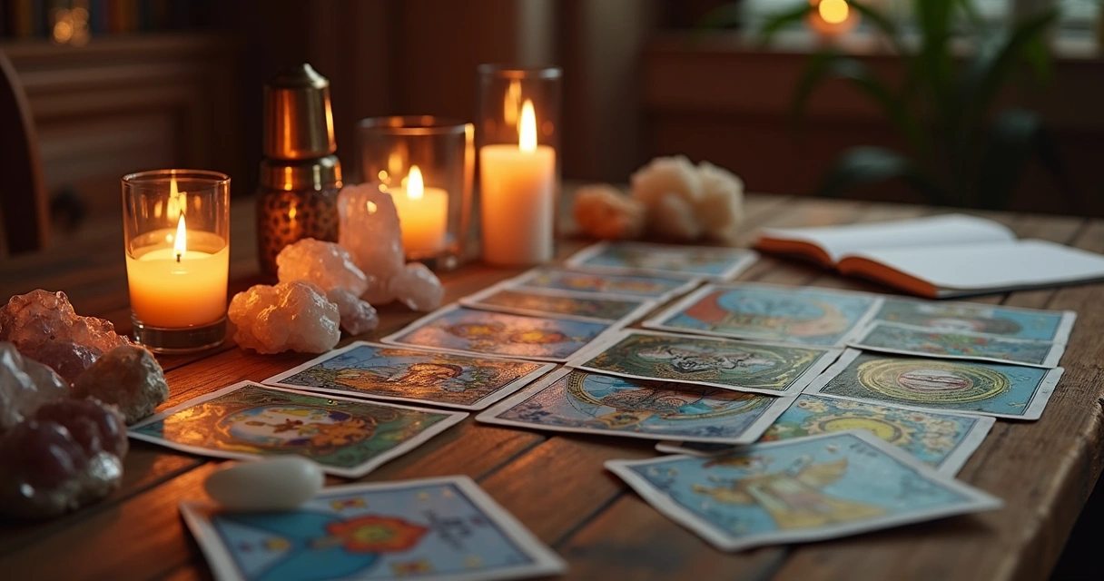 Cartas de tarot dispostas para consulta em mesa com velas 