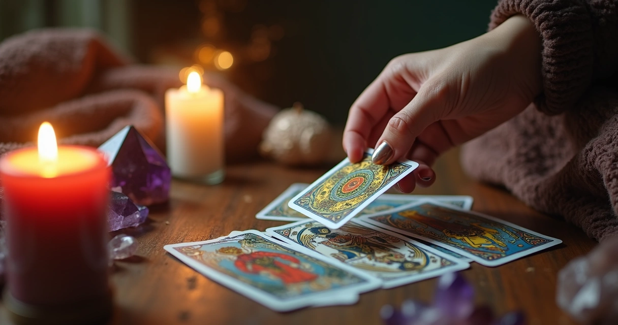 Mesa de tarot com cartas sendo embaralhadas e mãos femininas sobre velas acesas