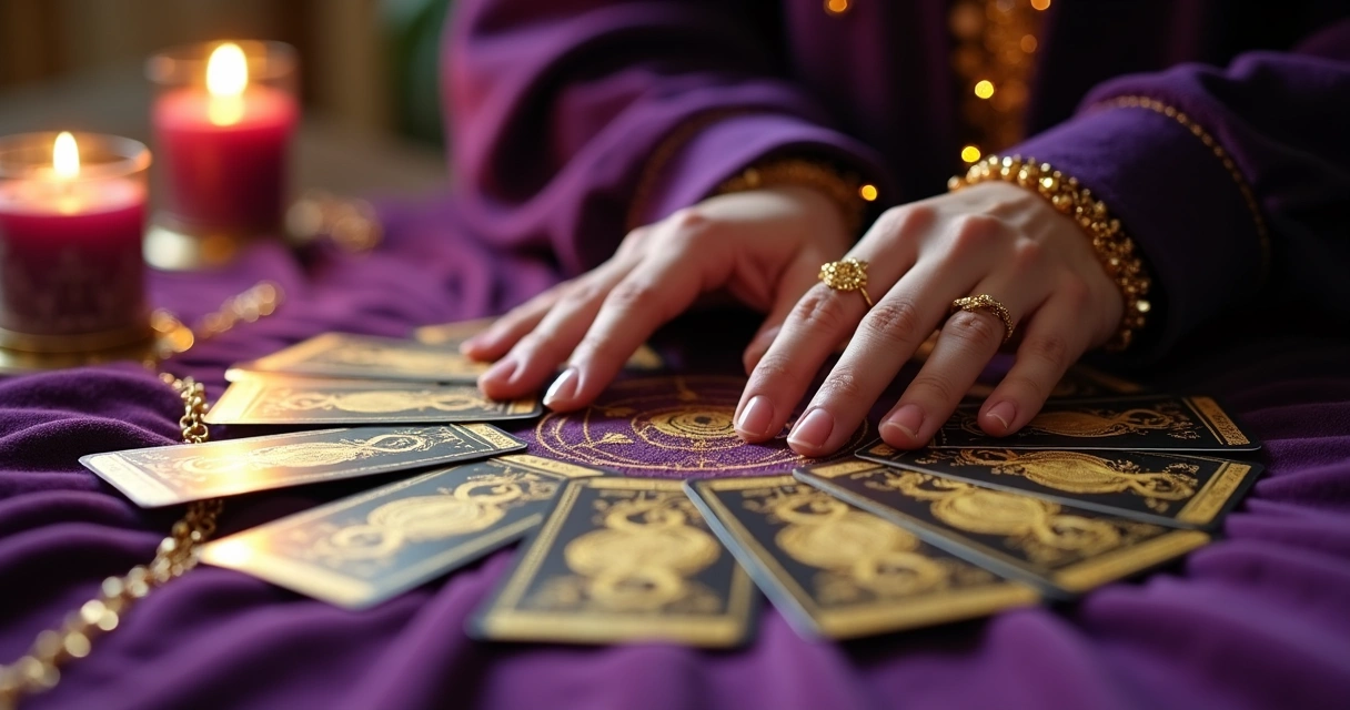 Mesa de tarot com cartas abertas e mãos femininas, fundo místico roxo com detalhes dourados