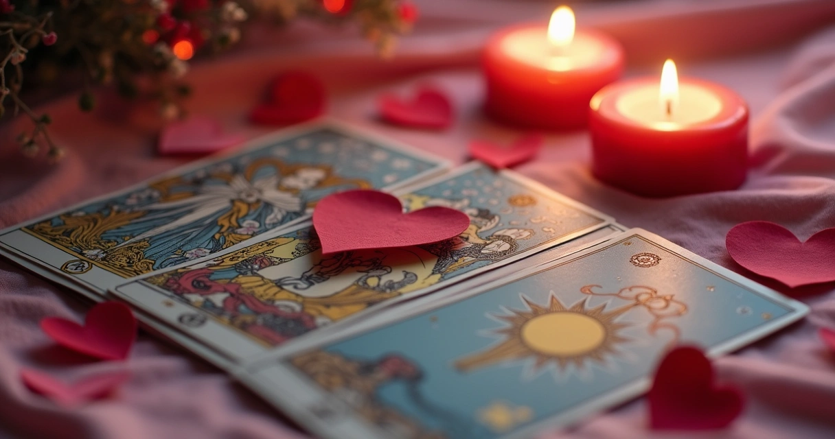 Cartas de tarot, corações e velas em mesa mística 