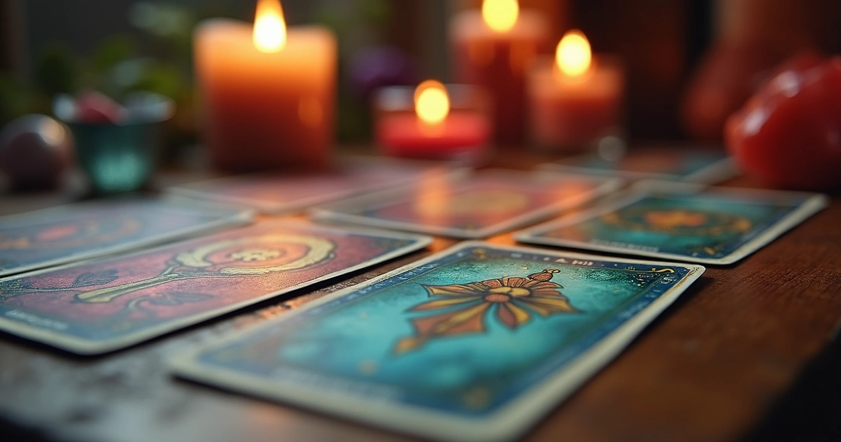 Cartas de tarot coloridas com tons predominantes vermelho, azul e verde espalhadas em mesa mística 