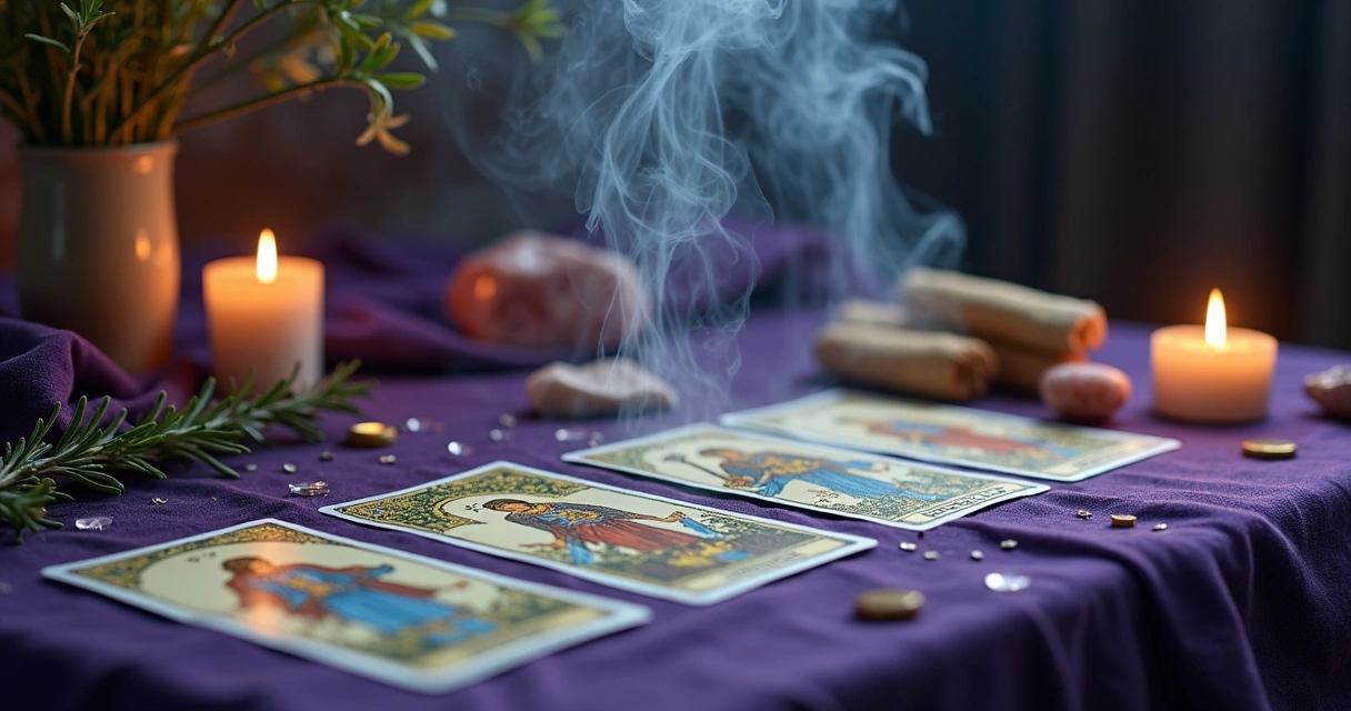 Cartas de tarot sendo defumadas por ervas acesas 
