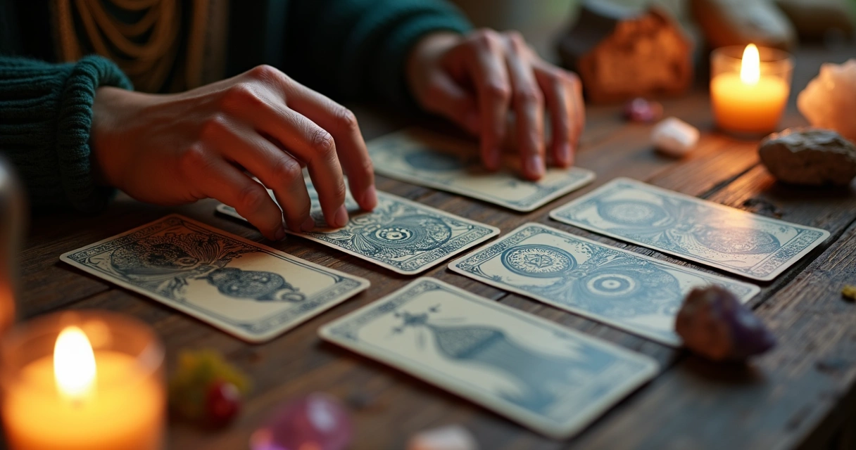 Cartas de tarot espalhadas sobre uma mesa de madeira, com cristais e velas ao redor.