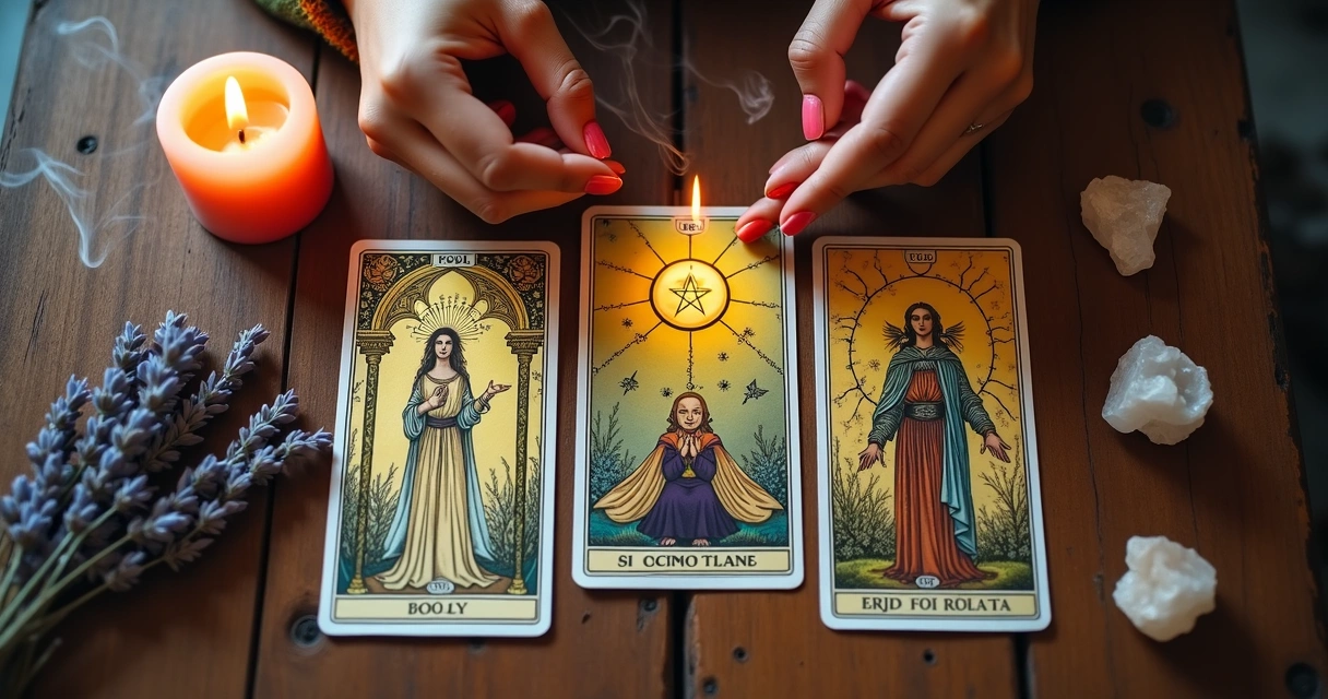 Cartas de tarot sobre mesa de madeira, com símbolos detalhados. 
