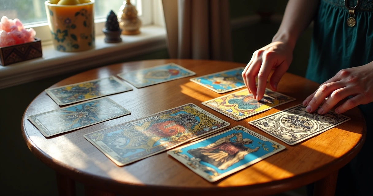 Cartas de tarot raras sobre uma mesa redonda