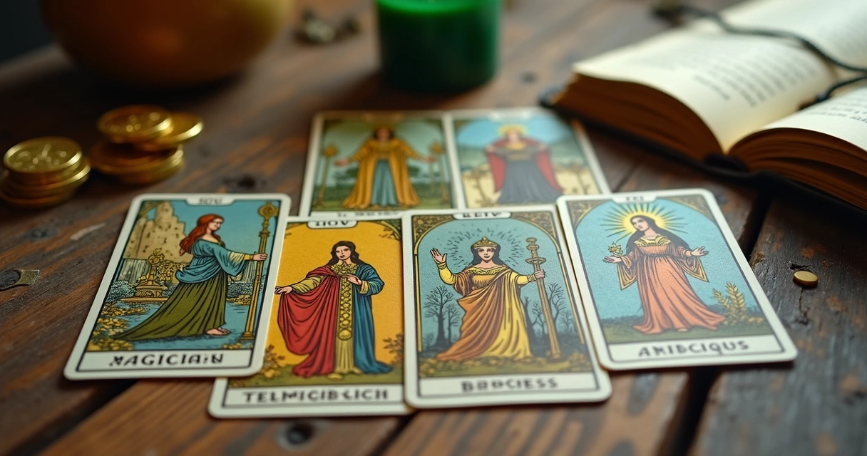 Cartas de tarot relacionadas a dinheiro sobre uma mesa de madeira
