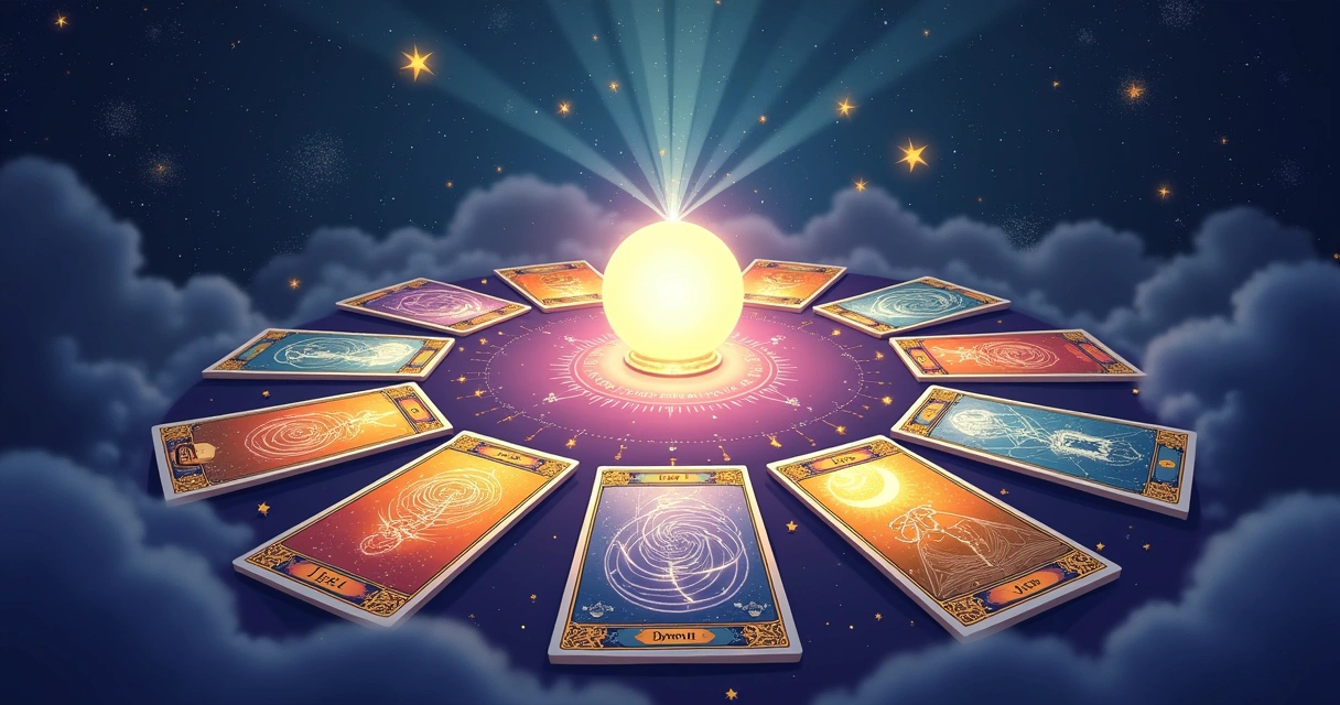 Disposição circular de cartas de tarot com bola de cristal no centro, fundo místico e astrológico.