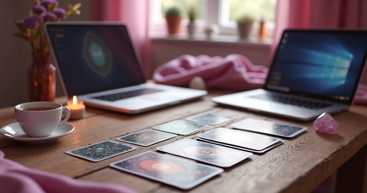 Cartas de tarot espalhadas em mesa ao lado de computador portátil 