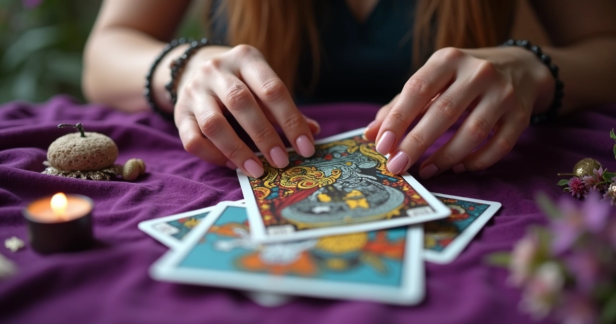Mãos femininas embaralhando cartas de tarot 