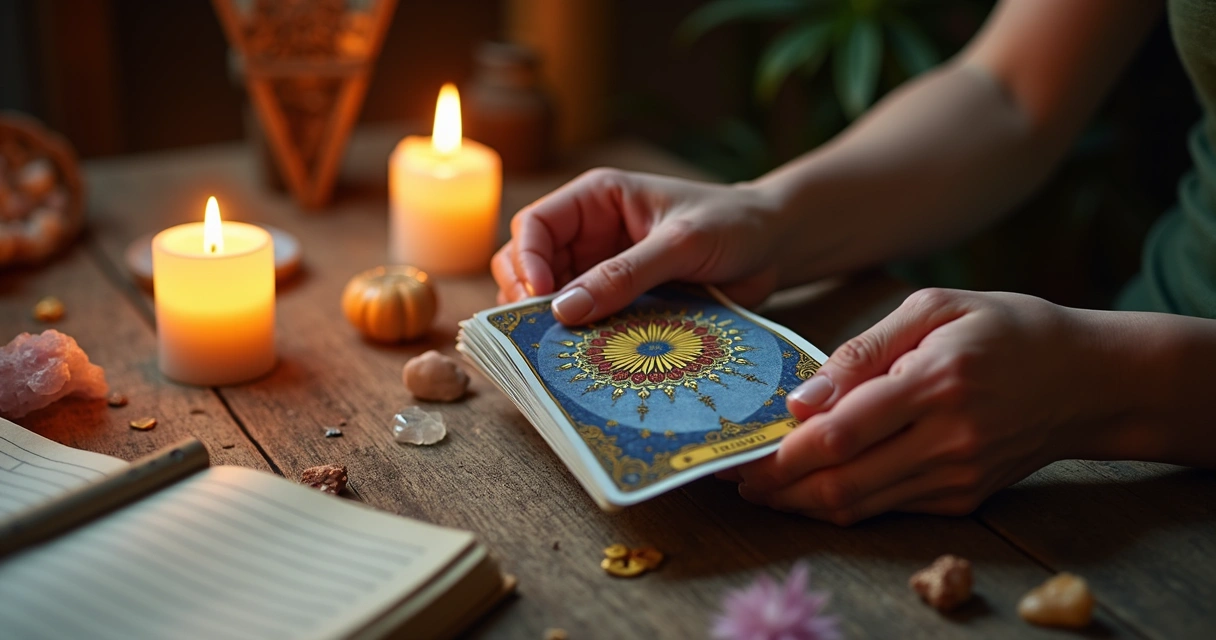 Cartas de tarot nas mãos de consultora com velas acesas 