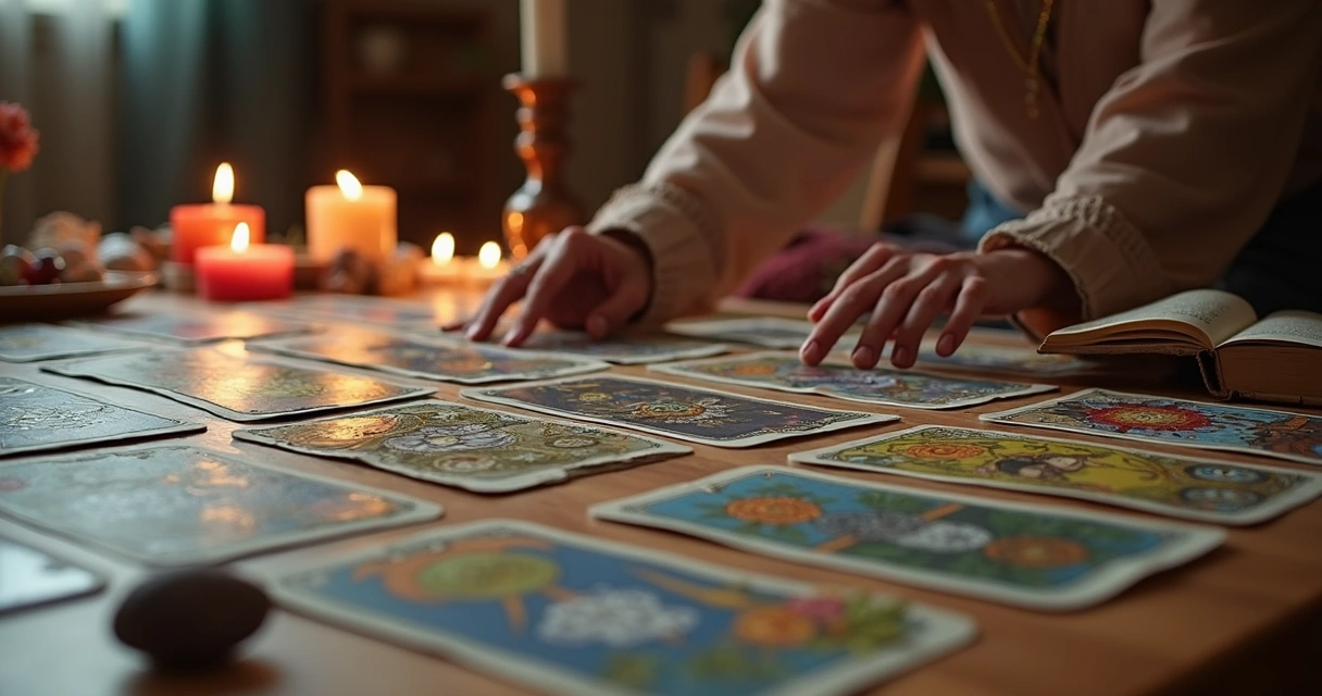 Cartas de tarot dispostas em mesa de madeira 