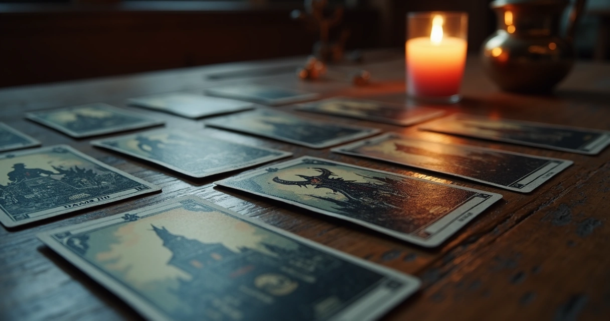 Cartas de tarot com imagens sombrias sobre mesa de madeira escura
