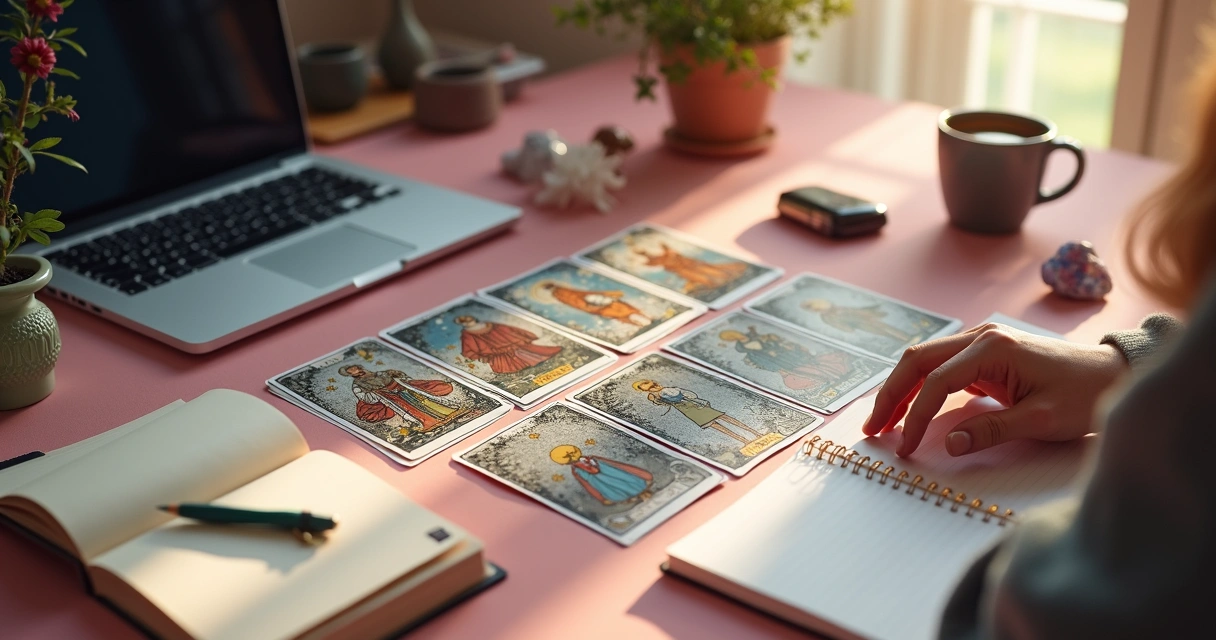 Cartas de tarot abertas em mesa de escritório 