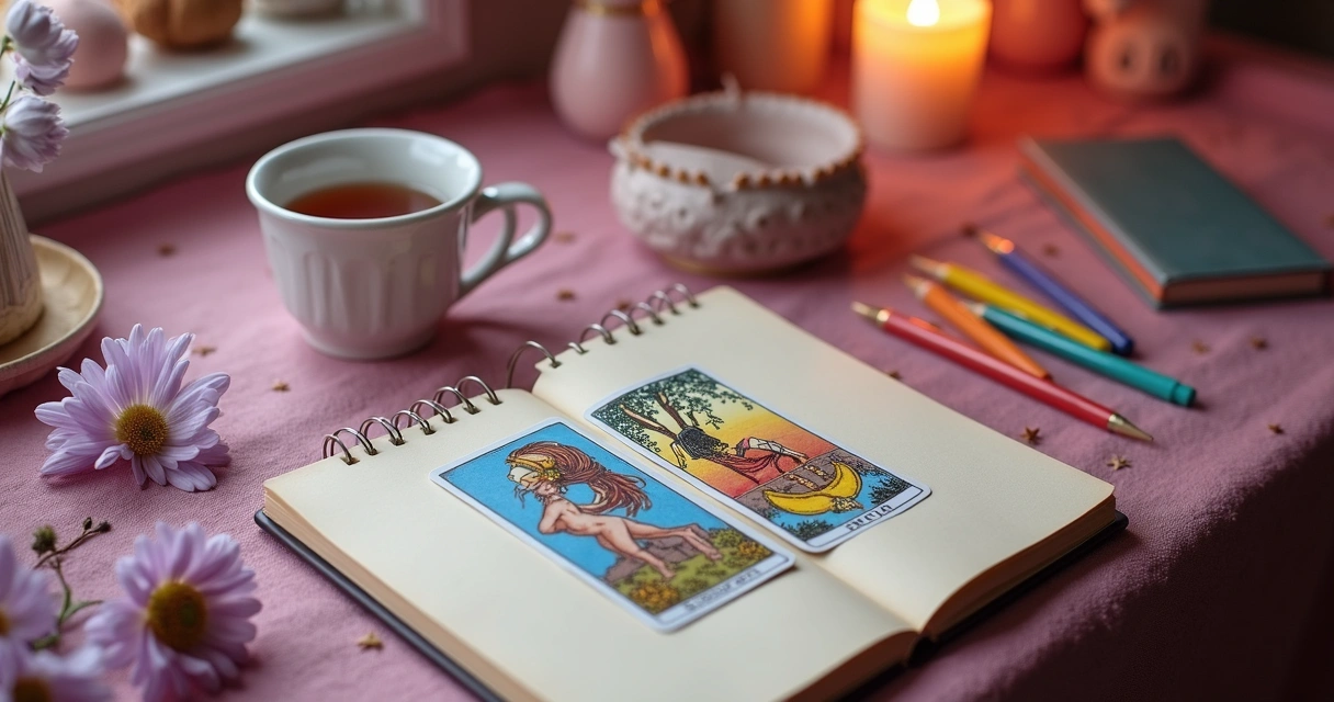 Cartas de tarot sobre escrivaninha com caderno ao lado 