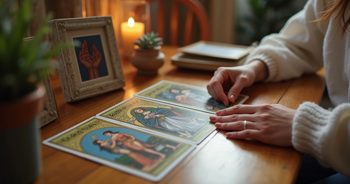 Cartas de Tarot espalhadas sobre mesa com mãos femininas 