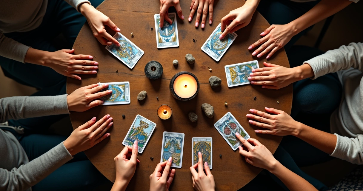 Cartas de tarot espalhadas em mesa de madeira com pessoas ao redor 