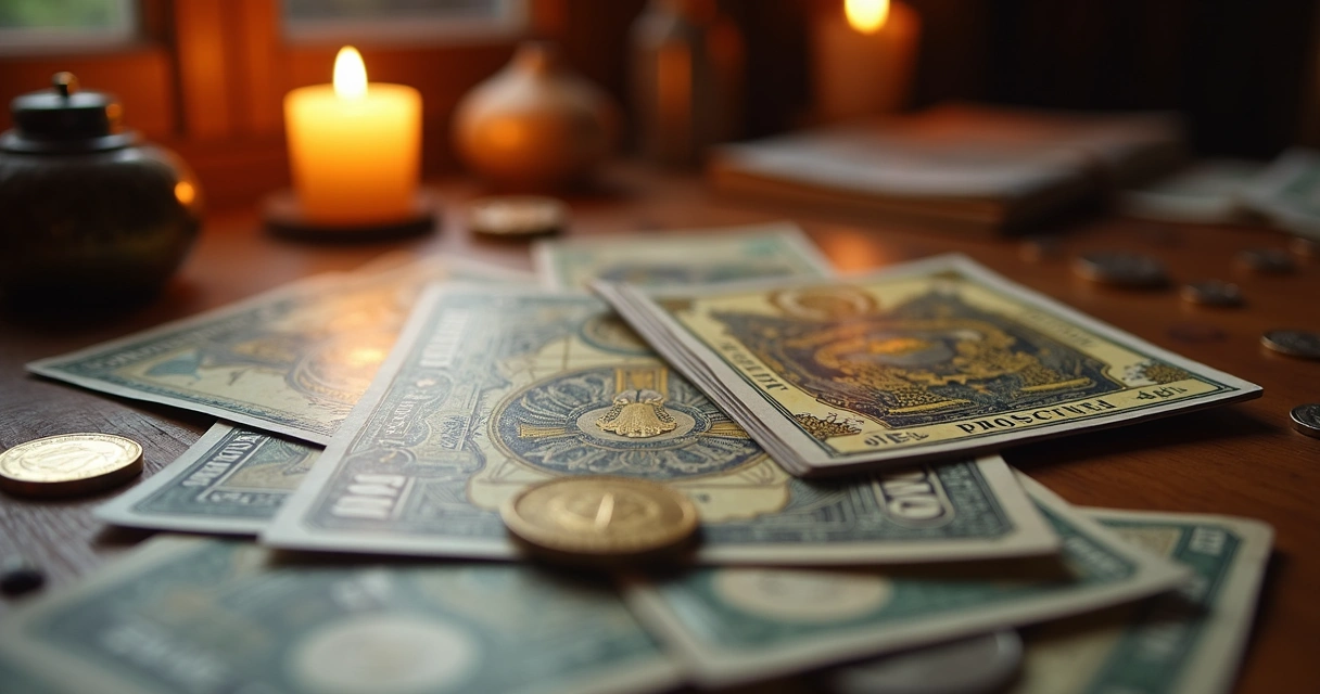 Cartas de tarot dispostas em cima de uma mesa ao lado de notas de dinheiro e moedas, ambiente com luz suave 