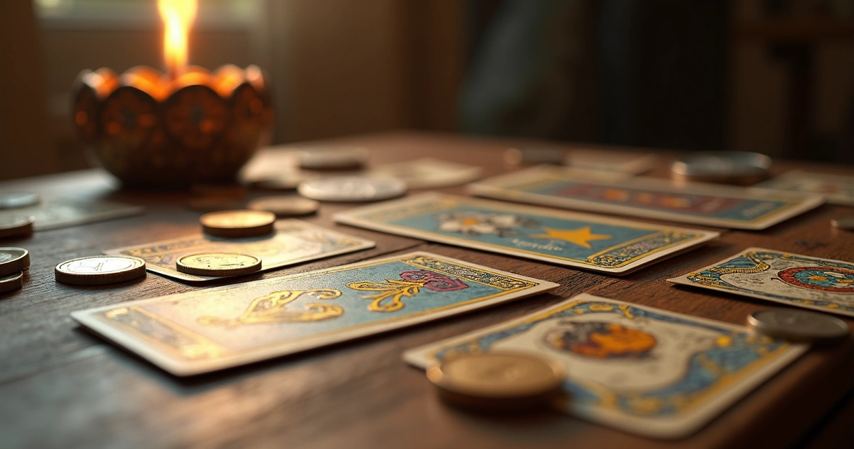 Cartas de tarot espalhadas sobre mesa de madeira com moedas ao redor. 