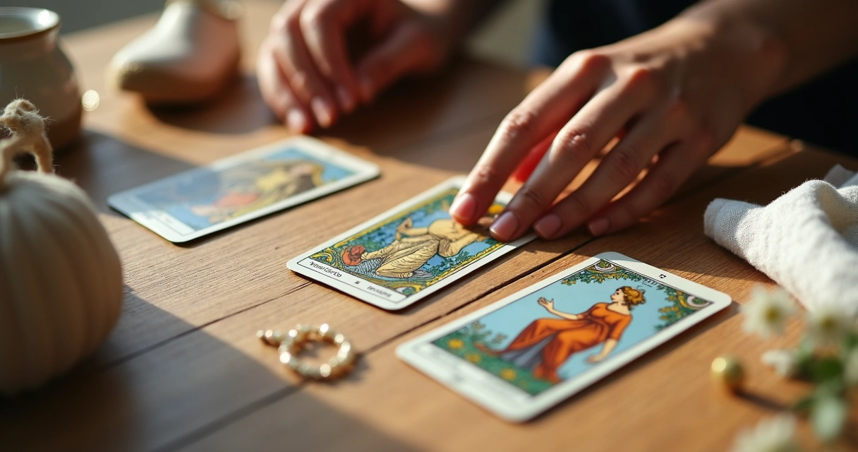 Mesa com cartas de tarot de gravidez e mãos femininas 